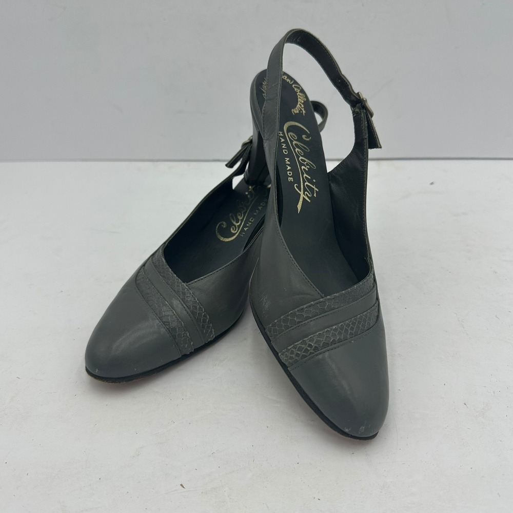 Celebrity Hand Made Mary Jordan Womens Gray Leather Slingback Heels Sz 8 Vintage